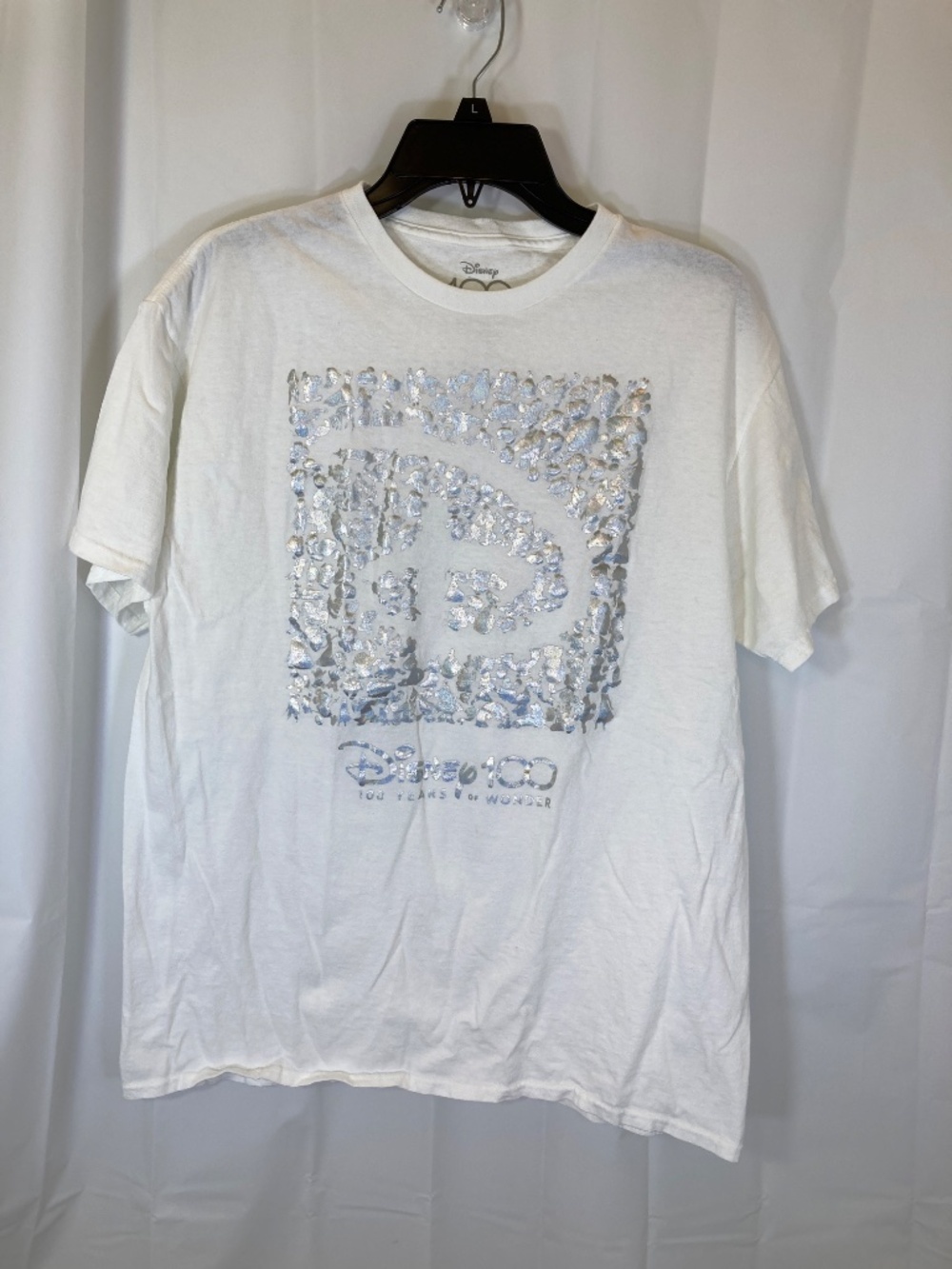 Disney 100 White Short Sleeve Shirt Sz L Unisex Adult Silver Iridescent Accent